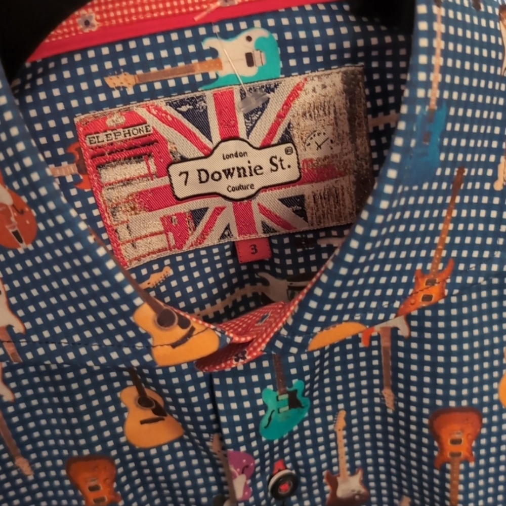 7 DOWNIE STREET NEW W TAGS. Cool Multicolor Guitar Print Blue Button Down Shirt